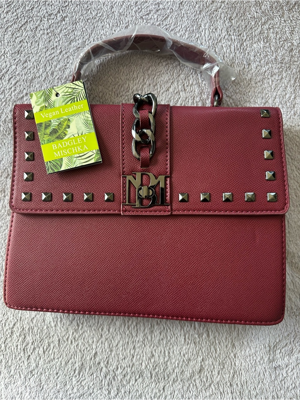 NWT Badgley Mischka Wine Studded Crossbody Big Chain Letter Lock Top Handle Bag